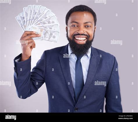 Rich, happy and portrait of a black man with money isolated on a white ...