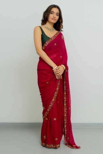 Buy Pink Georgette, Silk Zari Round Neck Meera Border Embroidered Saree ...