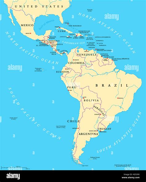 Latin America political map with capitals, national borders, rivers and ...