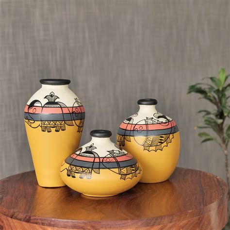 Buy 'Madhubani Creatures' Terracotta Vase In Yellow Color, Set of 3 ...