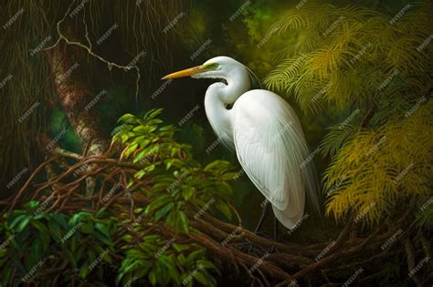 Premium Photo | White heron sitting in green branches of tree on ...