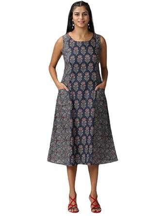 Buy saffron threads Navy Blue Ethnic Motifs Printed Panelled Midi Dress ...