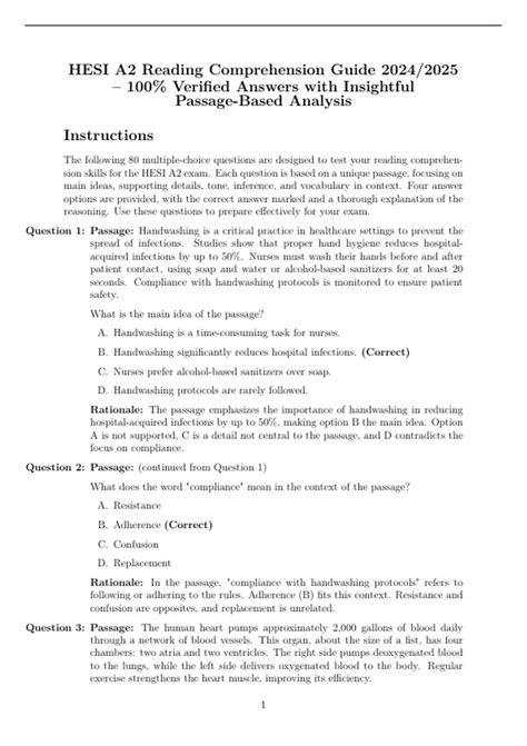 HESI A2 Reading Comprehension Guide 2024/2025 – 100% Verified Answers ...