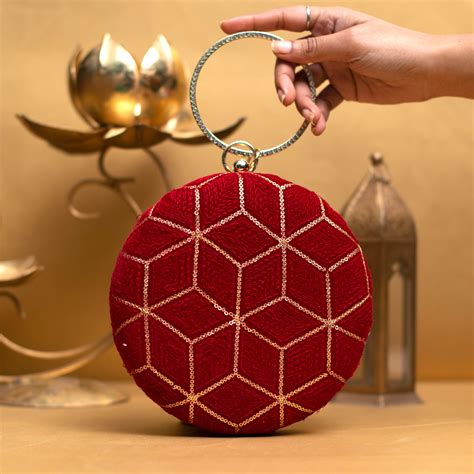 Red And Golden Sequin Embroidery Round Clutch - Artklim