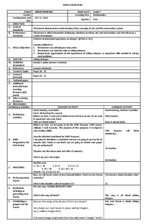 Image result for Math 7 Lesson Plan