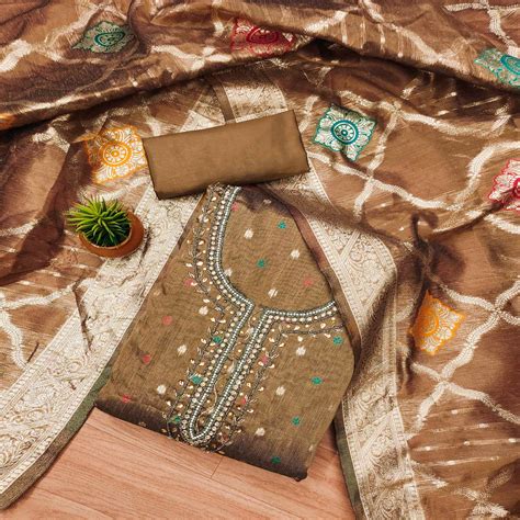 Brown Woven With Handwork Simmer Jacquard Dress Material