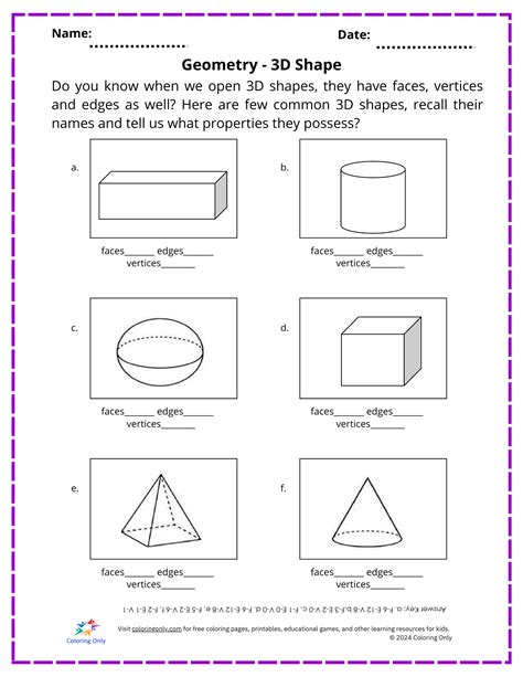 Geometry - 3D Shape Free Printable Worksheet