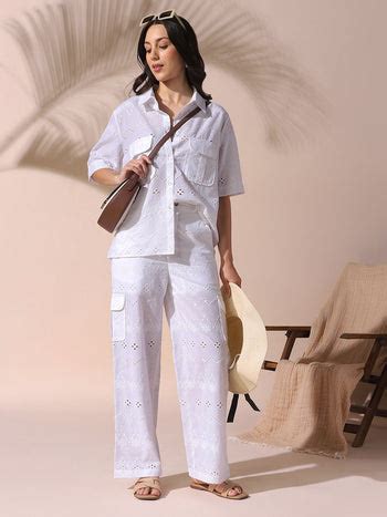 DL Woman White Schiffli Half Sleeves Shirt with Trousers Co-ords ...