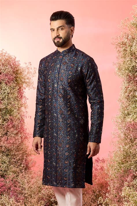 Blue chikankari kurta with intricate multi thread work