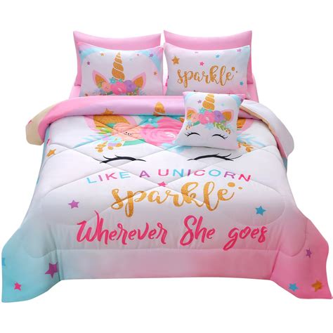 JQinHome Unicorn Twin Bedding Sets for Girls Kids,6 Piece Bed in A Bag ...