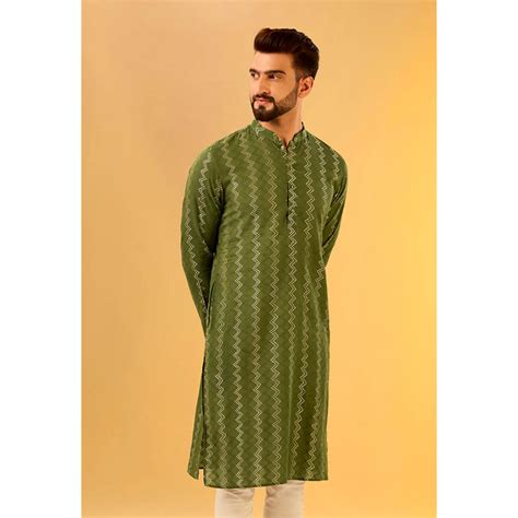 Buy KISAH Men Olive Green Textured Cotton Blend Kurta with Abstract ...