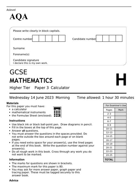 AQA GCSE MATHEMATICS Higher Tier Paper 3 JUNE 2023 QUESTION PAPER ...