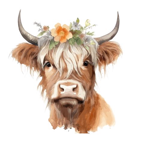 cute highland cow, wearing flower crown watercolor . 23743569 PNG