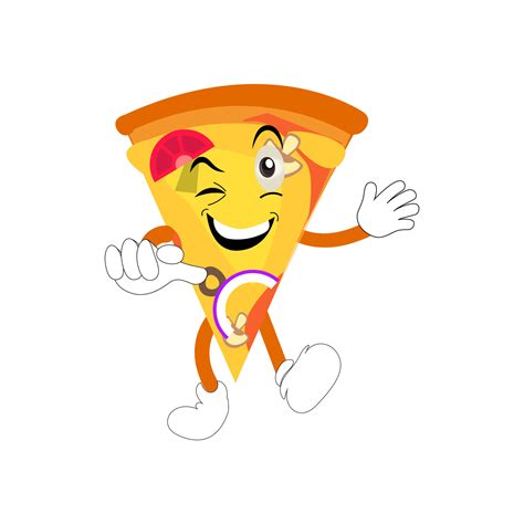 Funny happy pizza show peace gesture logo. Vector doodle line cartoon ...
