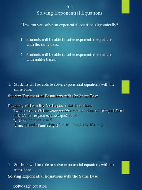 6.5 Solving Exponential Equations | PDF | Equations | Exponentiation