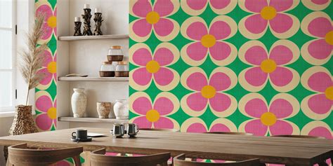 Groovy Geometric Floral Pink and Green wallpaper | Happywall