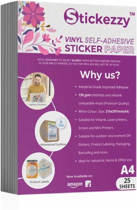 Stickezzy Vinyl Sticker Paper - A4 size (25 Sheets) for Sticker/ Label ...