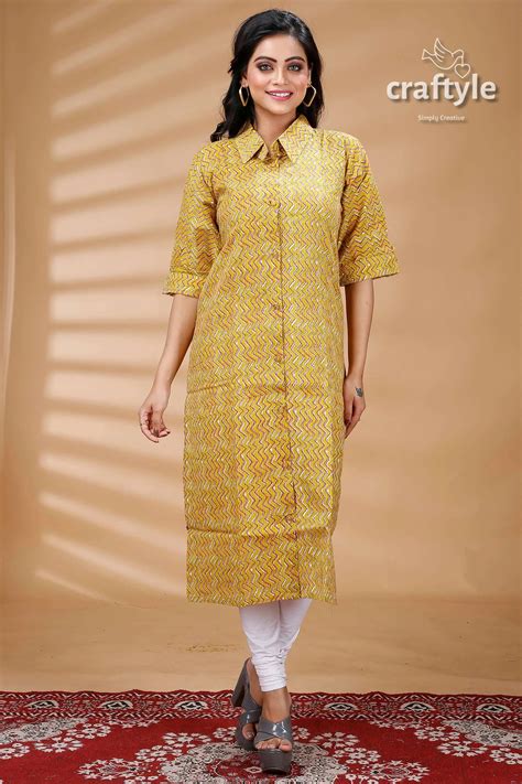 Lemon Yellow Pure Cotton Ajrakh Zigzag Pattern Kurti – Craftyle