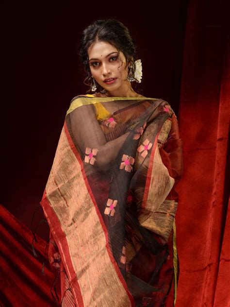 Brick Red Linen Handwoven Saree With Temple Borders And Woven Floral M ...