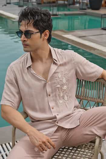 Buy Taupe Tencel Embroidery Whale Vacay Shirt For Men by Runit Gupta ...