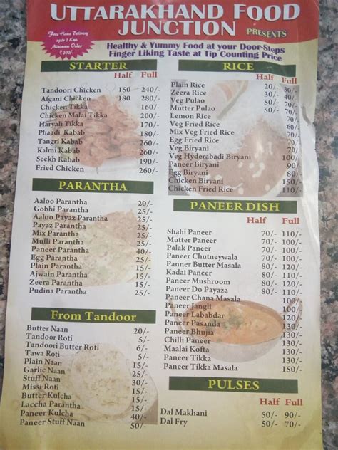Menu at Uttrakhand Food Junction, Dehradun, Shop No