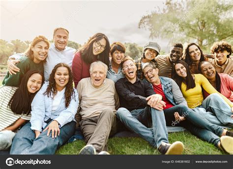 Happy Multigenerational People Having Fun Sitting Grass Public Park ...