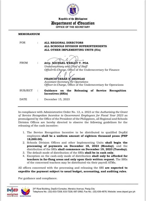 Guidance on the Releaseing of Service Recognition Incentive (SRI ...