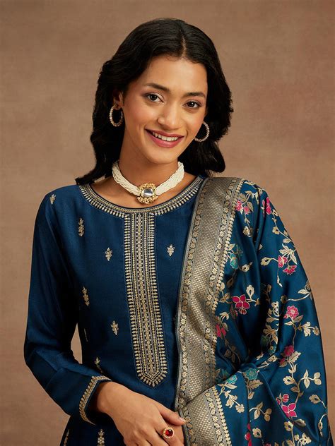 Buy Teal Embroidered Silk Blend Straight Suit With Dupatta Online at Rs ...