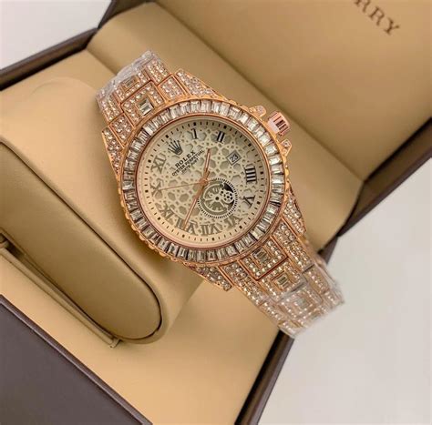Rolex Diamond Set Watch Royal Rose Gold Color Stainless Steel With Whi ...