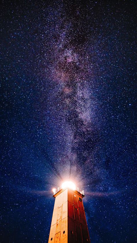 Download wallpaper 2160x3840 lighthouse, starry sky, light, night ...
