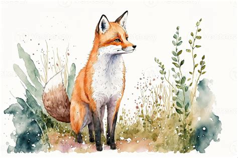 Cute smiling fox standing in the middle of the forest. Watercolor painting of cute fox wild ...