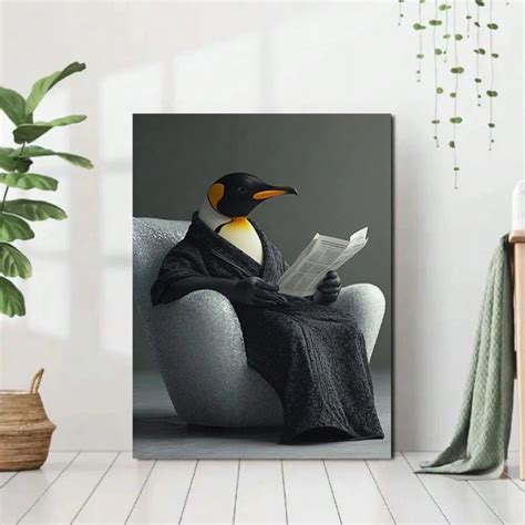 1pc Modern Penguin Reading Canvas Poster, Unframed Oil Painting Style ...