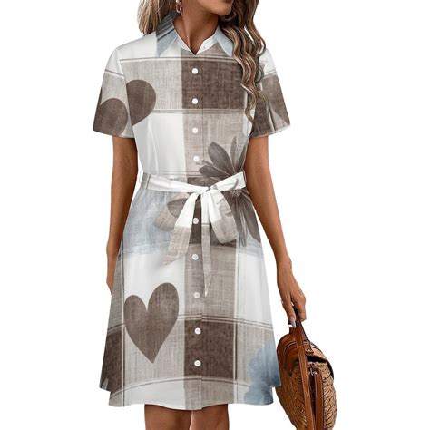Brown Gingham Hearts Flowers Design Womens Shirt Dresses Women'S Short ...