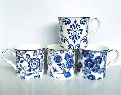 FINE Bone China Set of 4 Mugs Gift Boxed Chatsworth Blue Mugs Free UK ...