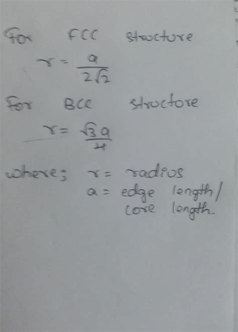 The length of core of an fcc unit cell is a and its atomic radius is r ...