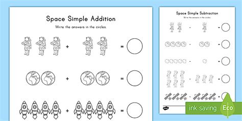Simple Math Worksheets - Space Addition (teacher made)
