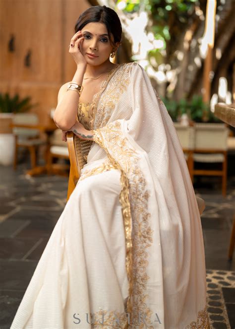 Subtle White Georgette Saree With Beautiful Sequenced Crochet Highligh ...