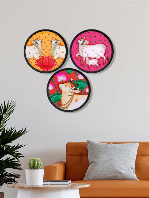 999STORE Pichwai Art Cows 3 Frames For Wall Decor Round Wall Painting ...