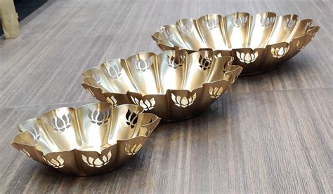 Metal Lotus Diya Urli For Decor | Set Of 3 Pcs — Bharat Wholesales