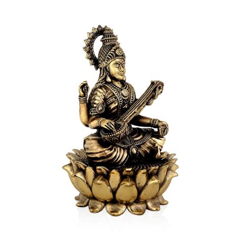 Saraswati Statue With Lotus Base | Brass Saraswati Murti | Saraswati Idol