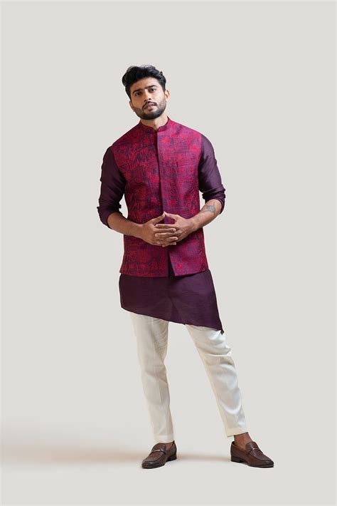 Purple Allover Embroidered Nehru with Purple A-Symmetric Kurta Set