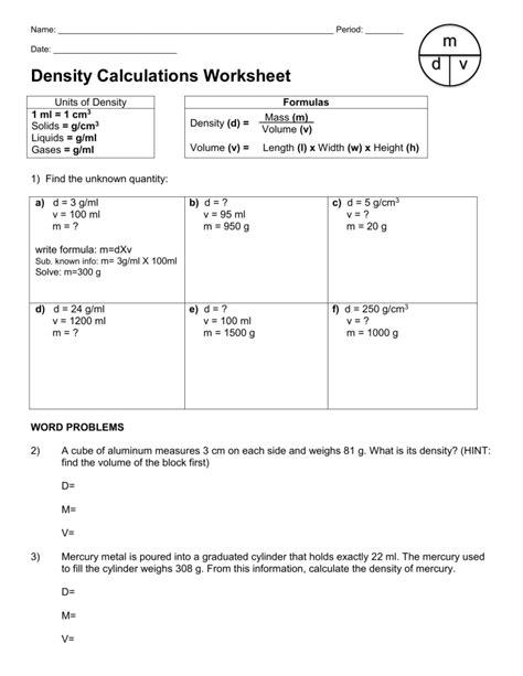 Density Worksheet PDF 的图像结果