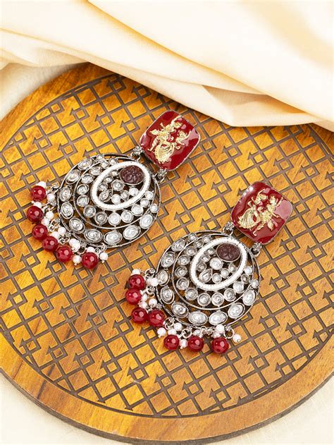Priyaasi Red & Silver Radha Krishna Drop Earrings