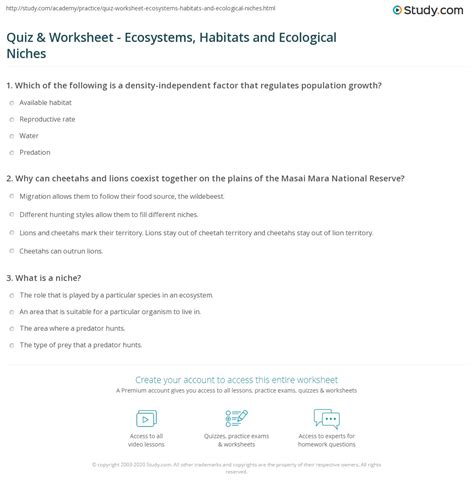 Quiz & Worksheet - Ecosystems, Habitats and Ecological Niches | Study.com