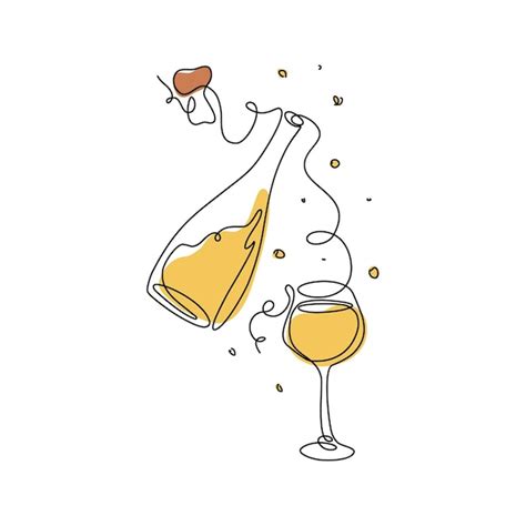 Continuous line drawing glass of sparkling wine bottle and cork ...
