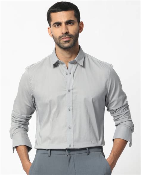 Rare Rabbit Men's Flees Grey Cotton Fabric Full Sleeves Solid Shirt