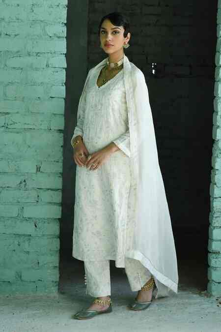Buy White Linen, Organza Embroidery V-neck Self Straight Kurta Pant Set ...