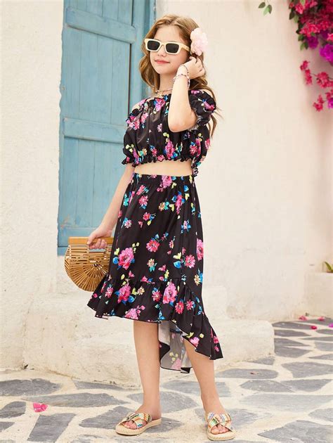 SHEIN Tween Girl Vacation Style Ditsy Floral Off Shoulder Crop Top ...