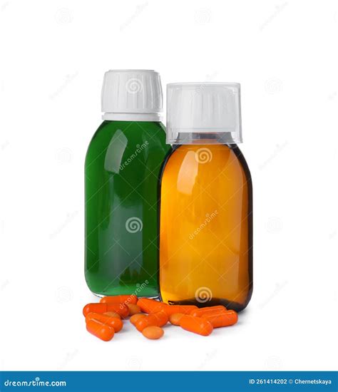 Bottles of Syrups, Measuring Cup with Pills on White Background. Cough ...