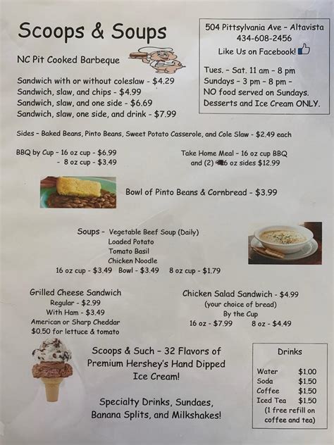 Menu at Scoops Ice Cream BBQ, Altavista